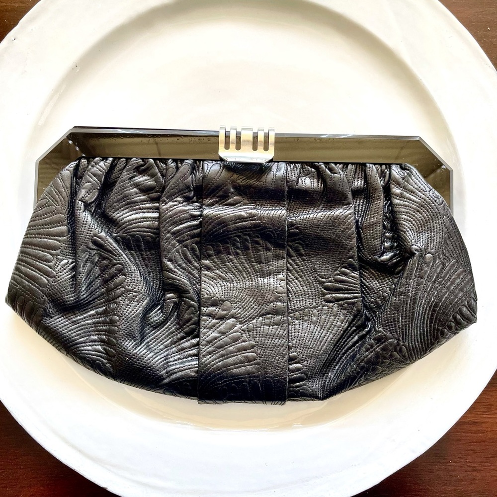 Marni black leather embroidered frame clutch